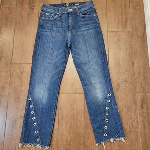 7 for All Man Kind Edie Frayed Grommet-Trim Jeans, Five-Pocket style. Size 26